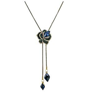Blue crystal flower lariat necklace with enamel and clear crystals 2 tone finish